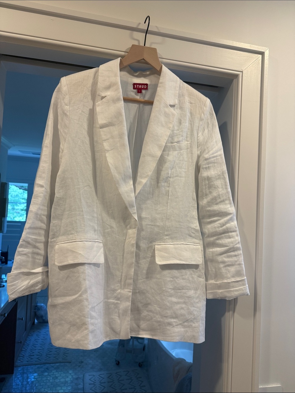 STAUD White Linen Notch-Lapel Blazer size Small